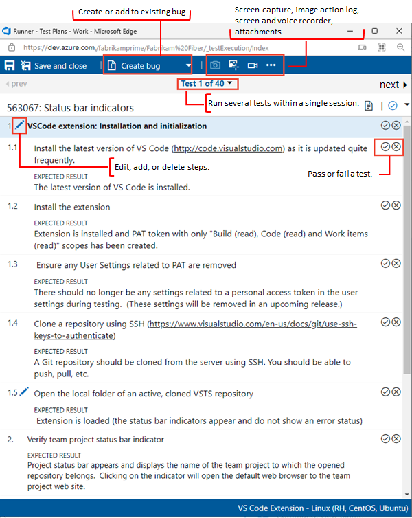 Captura de tela do Executor de Teste com anotações.