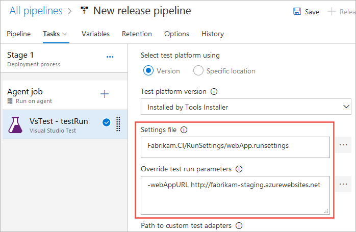 A captura de tela mostra a especificação das propriedades da tarefa de teste do Visual Studio.