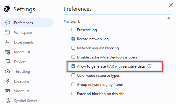 A captura de tela mostra a marca de seleção ao lado da preferência de rede do Microsoft Edge, Permitir gerar HAR com dados confidenciais.