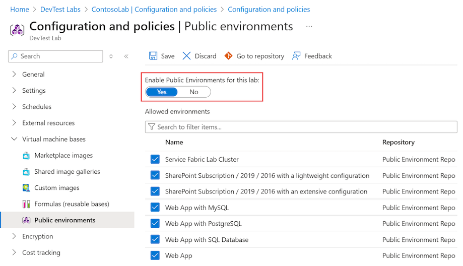 Captura de tela que mostra como habilitar todos os repositórios de ambiente público para um recurso de laboratório existente.