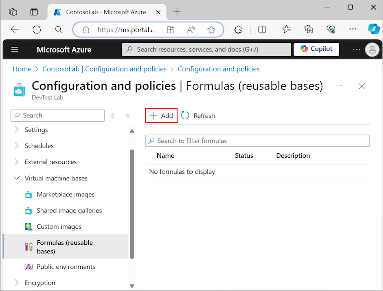 Captura de tela mostrando como selecionar a opção Adicionar para Fórmulas e bases reutilizáveis para o DevTest Labs.