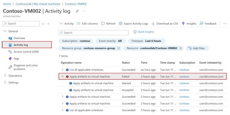 Captura de tela que mostra como localizar a entrada do log de atividades para um artefato com falha na VM do laboratório.