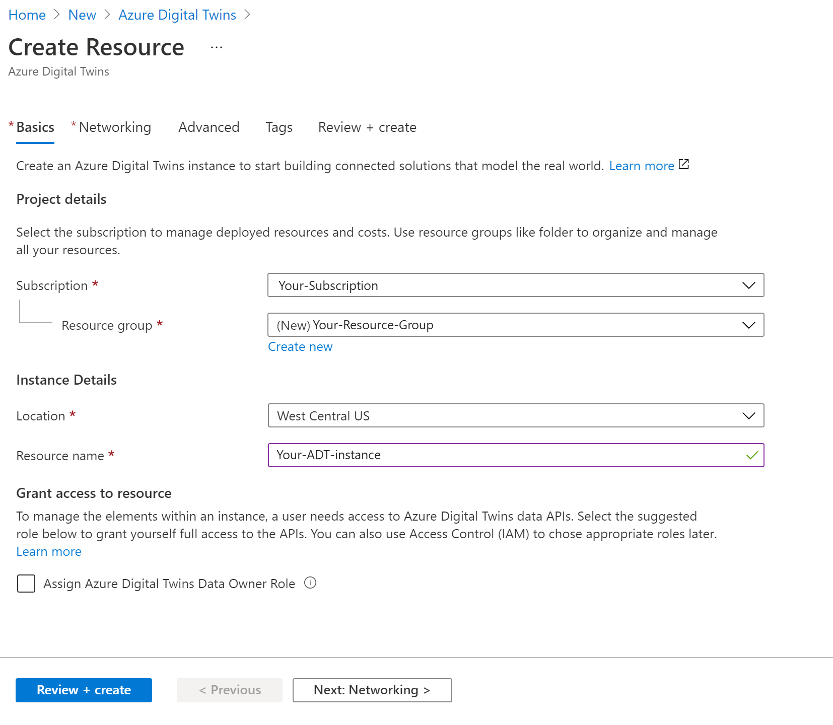 Captura de tela do processo Criar recurso dos Gêmeos Digitais do Azure no portal do Azure. Os valores descritos estão preenchidos.