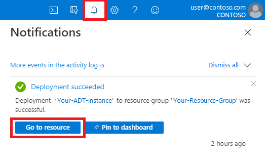 Captura de tela das notificações do Azure mostrando uma implantação bem-sucedida e realçando o botão 'Acessar recurso' no portal do Azure.