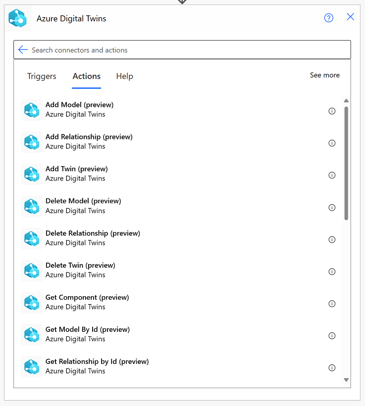 Captura de tela do Power Automate mostrando todas as ações para o conector dos Gêmeos Digitais do Azure.