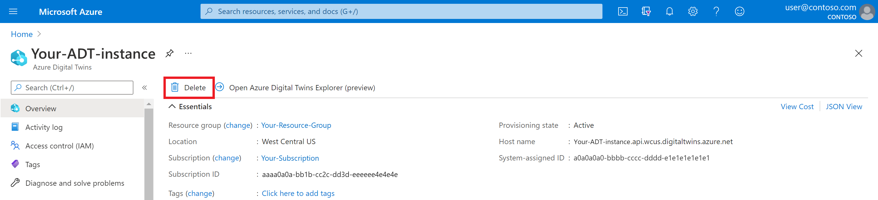 Captura de tela da página Visão geral de uma instância dos Gêmeos Digitais do Azure no portal do Azure. O botão Excluir está realçado.