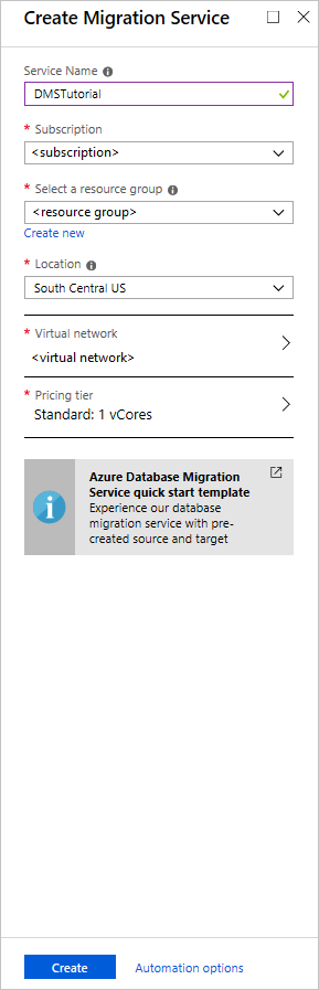 Captura de tela que mostra as definições de configuração da instância do Serviço de Migração de Banco de Dados do Azure.