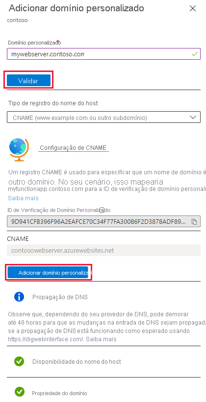 Captura de tela da página adicionar domínio personalizado para o aplicativo Web.