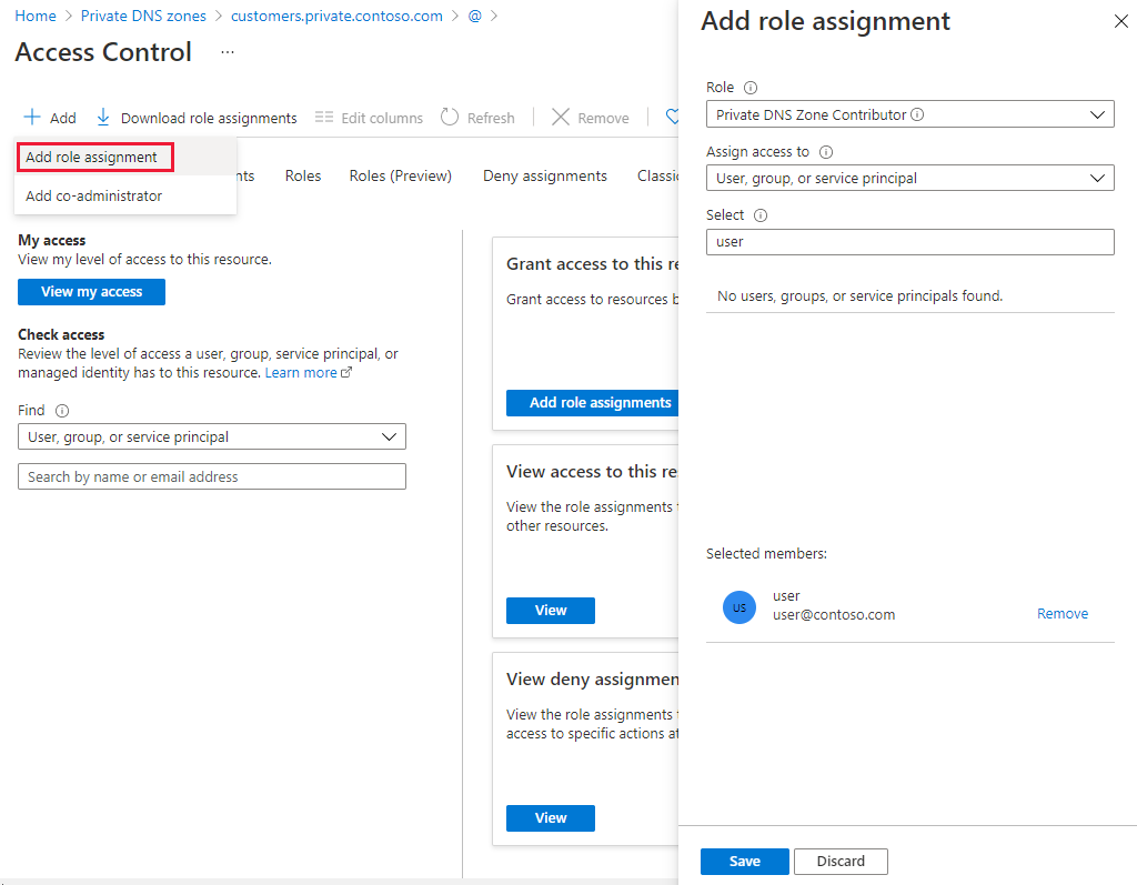 Captura de tela da atribuição de função para o conjunto de registros DNS privado.