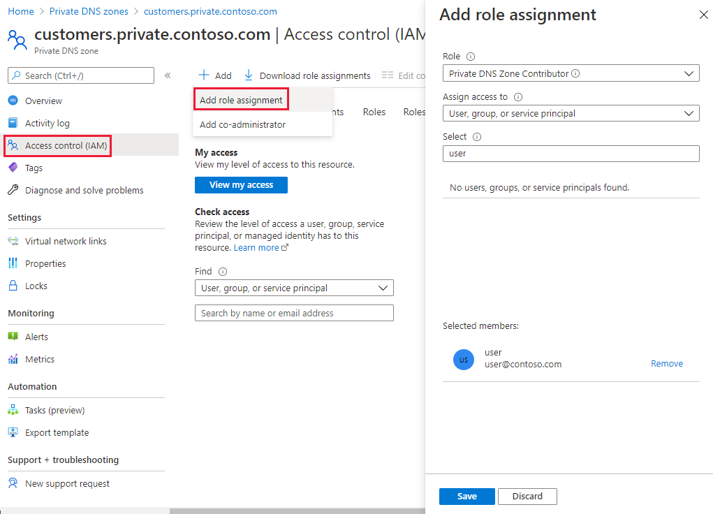 Captura de tela do RBAC para a zona DNS privada.