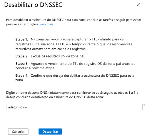 Captura de tela do painel de desabilitação de DNSSEC.