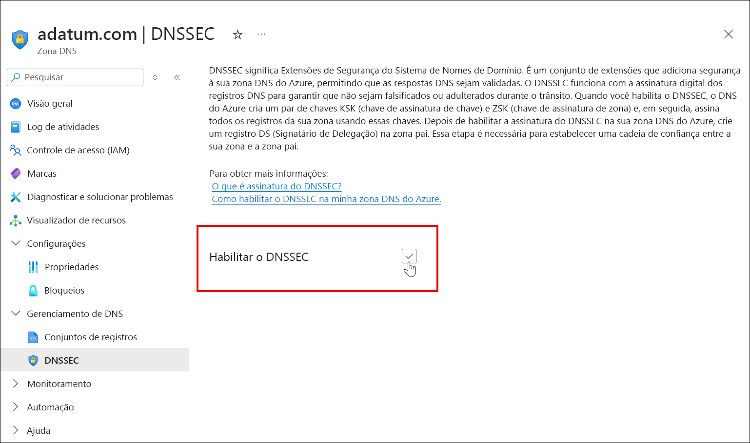 Captura de tela da seleção da caixa de seleção DNSSEC.