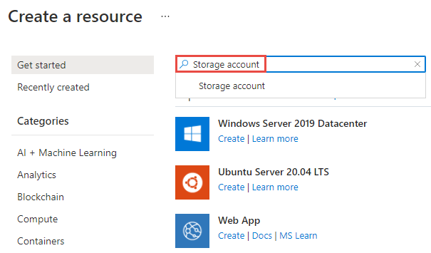 Captura de tela mostrando a pesquisa Conta de armazenamento na página Criar um recurso.