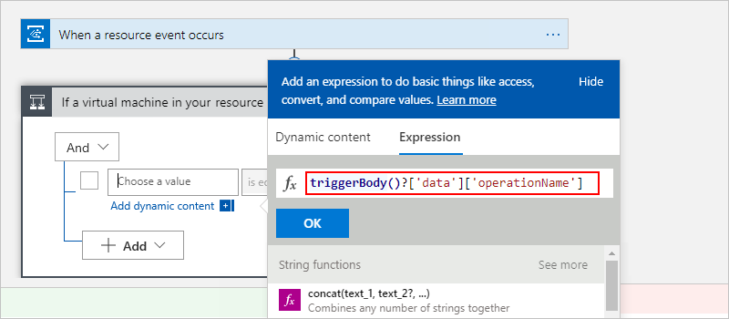 Captura de tela mostrando o designer de fluxo de trabalho e o editor de condição com a expressão para extrair o nome da operação.