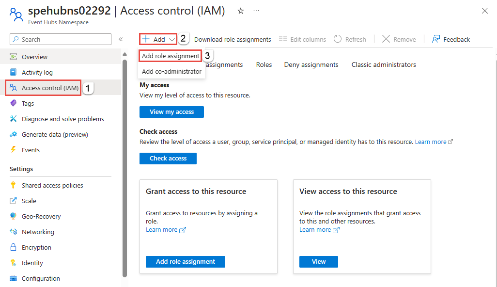 Captura de tela que mostra a página de controle de acesso para o namespace dos Hubs de Eventos.