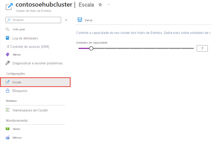 Captura de tela mostrando a guia Dimensionar da página do Cluster dos Hubs de Eventos.