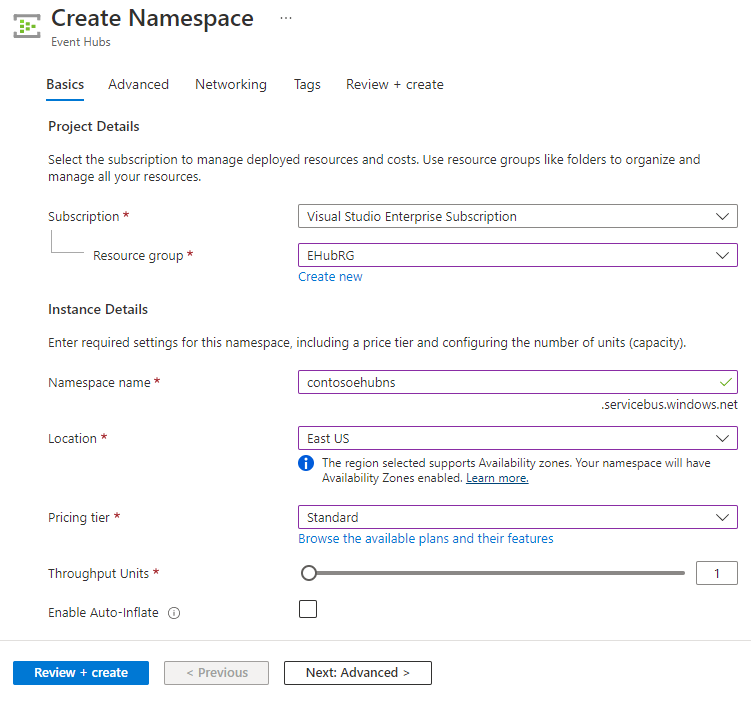 Captura de tela da página Criar Namespace no portal do Azure.