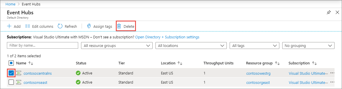 Captura de tela mostrando o botão – Excluir namespace