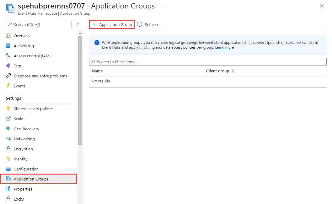 Captura de tela da página Grupos de aplicativos no portal do Azure.