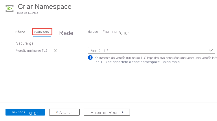 Captura de tela que mostra a página para configurar a versão mínima do TLS ao criar um namespace.