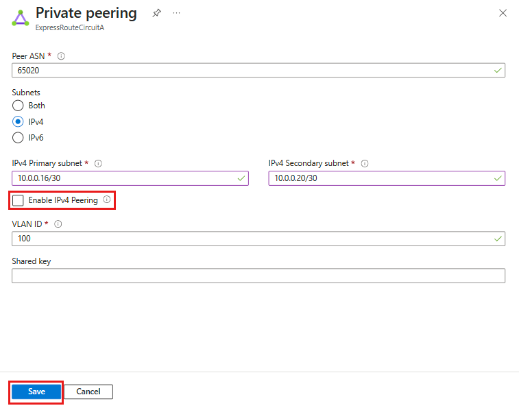 Captura de tela da página de configurações de emparelhamento privado para um circuito do ExpressRoute.