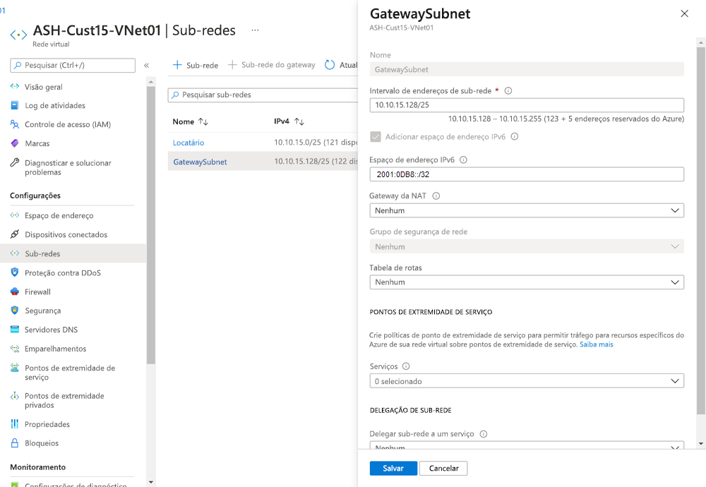 Captura de tela de adicionar espaço de endereço IPv6 à sub-rede.