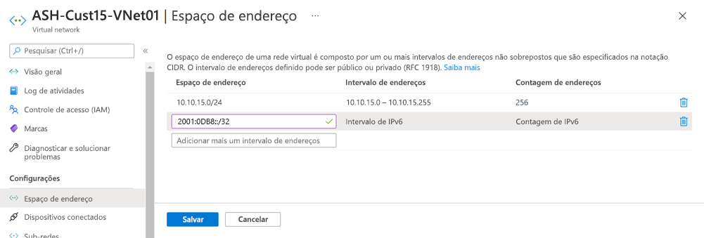 Captura de tela de adicionar espaço de endereço IPv6 à rede virtual.