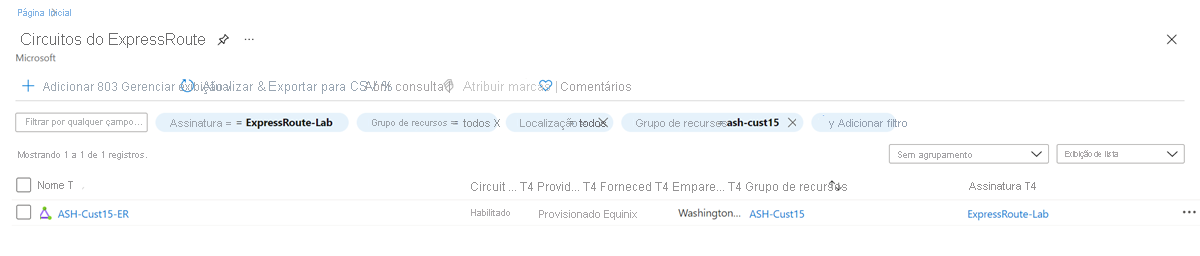 Captura de tela da lista de circuitos do ExpressRoute.
