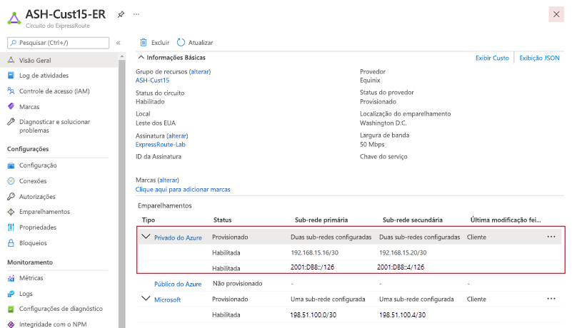 Captura de tela do IPv6 configurado para emparelhamento privado.