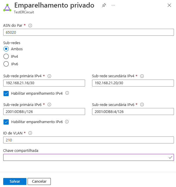 Captura de tela que mostra a configuração do emparelhamento privado.