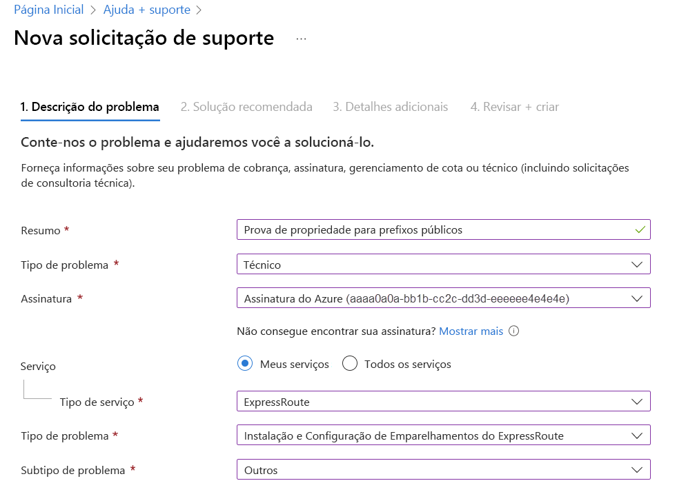 Captura de tela que mostra uma nova solicitação de tíquete de suporte para enviar a prova de propriedade dos prefixos públicos.