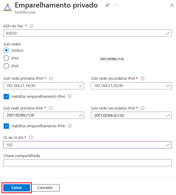 Captura de tela que mostra como atualizar a configuração do emparelhamento privado.