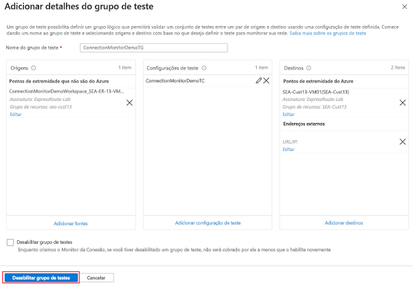 Captura de tela de Adicionar detalhes do grupo de teste configurado.