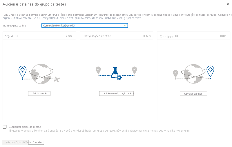 Captura de tela da página Adicionar detalhes do grupo de teste.