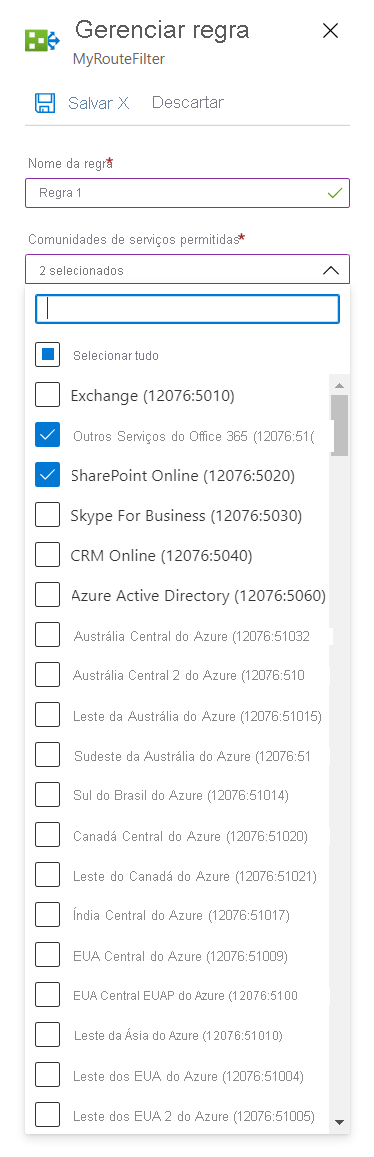 Captura de tela que mostra a janela Gerenciar regra com os serviços selecionados na lista suspensa Comunidades de serviço permitidas.