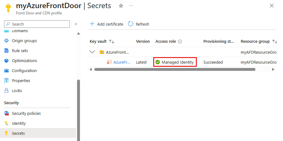 Captura de tela do Azure Front Door usando a identidade gerenciada para acessar o certificado no Key Vault.