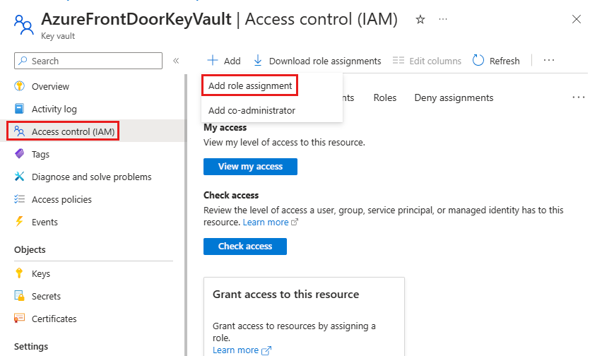 Captura de tela da página de controle de acesso (IAM) de um Key Vault.