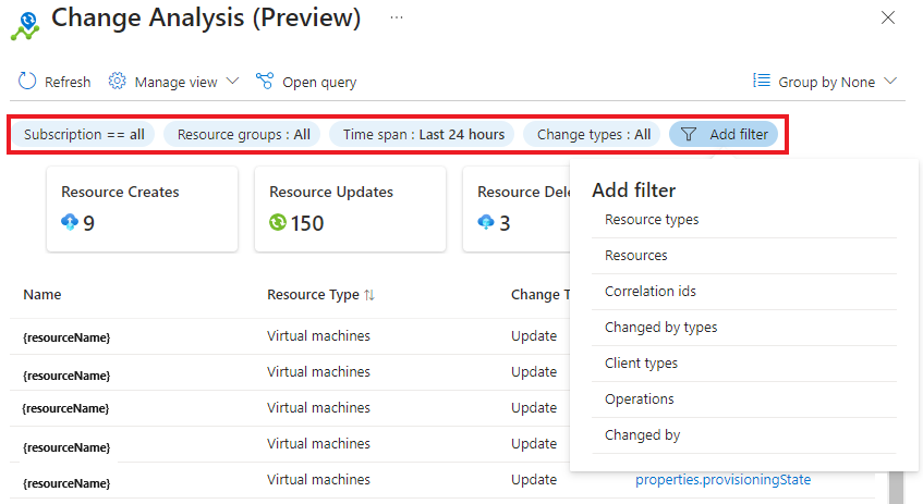 Captura de tela dos filtros disponíveis em Análise de Alterações que ajudam a restringir os resultados da Análise de Alterações.