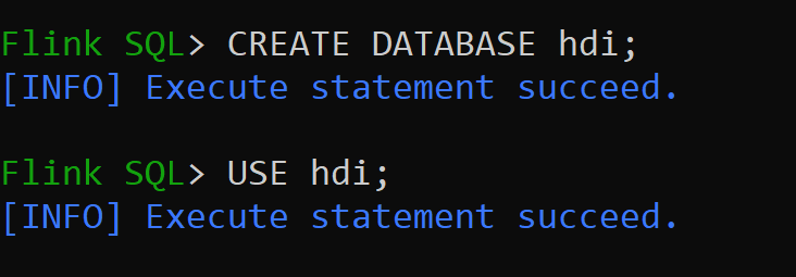 Captura de tela mostrando a criação de banco de dados no catálogo do hive e tornando-o o catálogo padrão para a sessão.