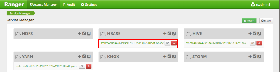 Captura de tela mostrando a interface do usuário do administrador do Apache Ranger do HDInsight.