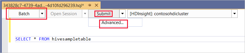 Modo em lote, Consulta ad-hoc do Hive, Cluster do HDInsight, Visual Studio.