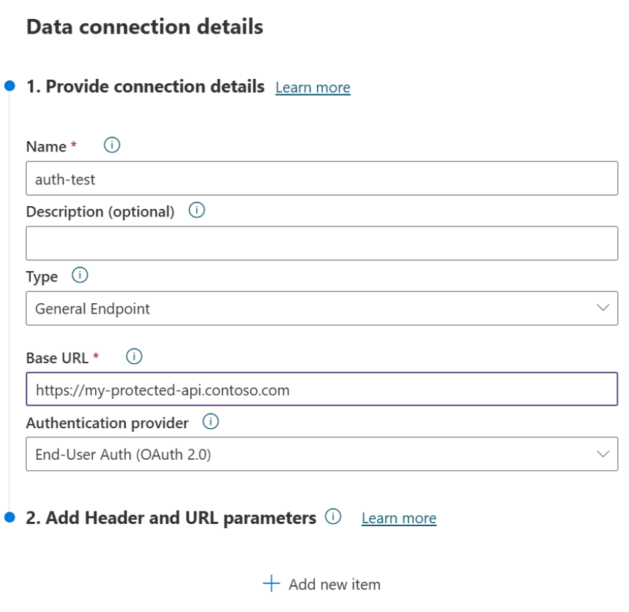 A screenshot of a new data connection with end-user authentication