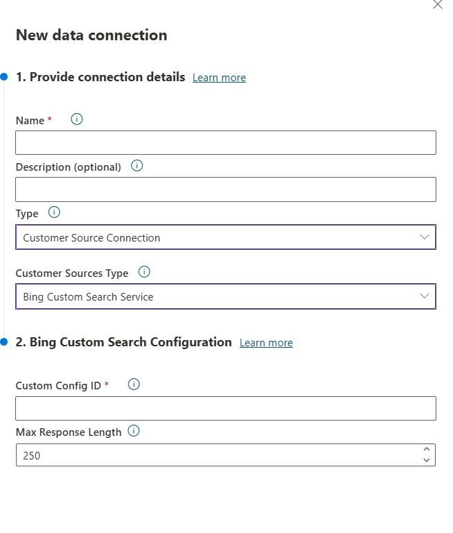 Screenshot of a new Customers Source Connection Bing Custom Search