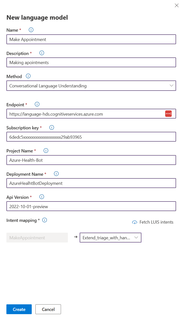 Screenshot of the healthcare agent service linking to the Question Answer Model