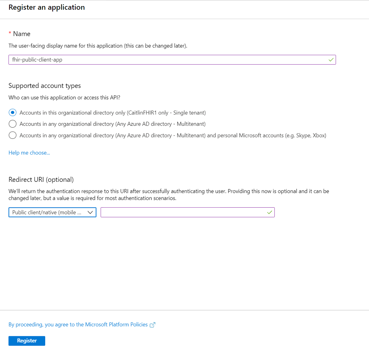 Captura de tela do painel Registrar um aplicativo e um exemplo de nome de aplicativo e URL de redirecionamento.