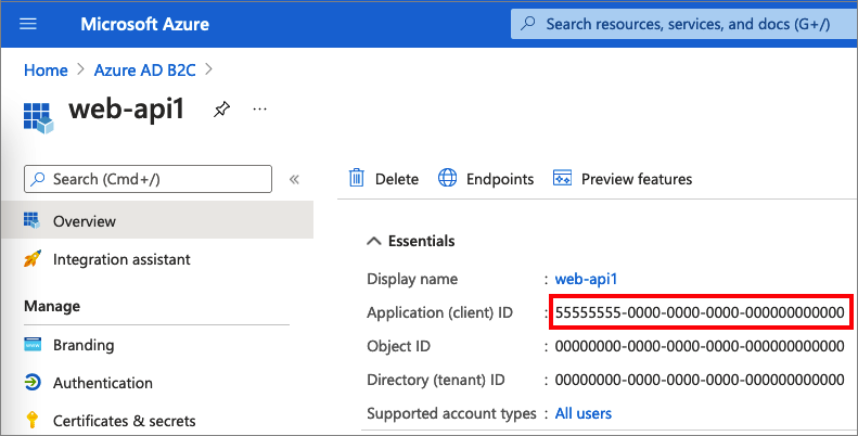 A captura de tela demonstra como obter uma ID de aplicativo da API Web.