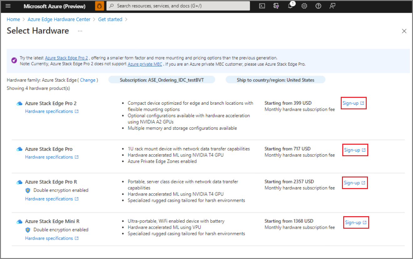 Captura de tela do formulário da Web para o primeiro pedido de hardware do Azure Stack Edge do cliente. O botão Inscrever-se de um produto está realçado.