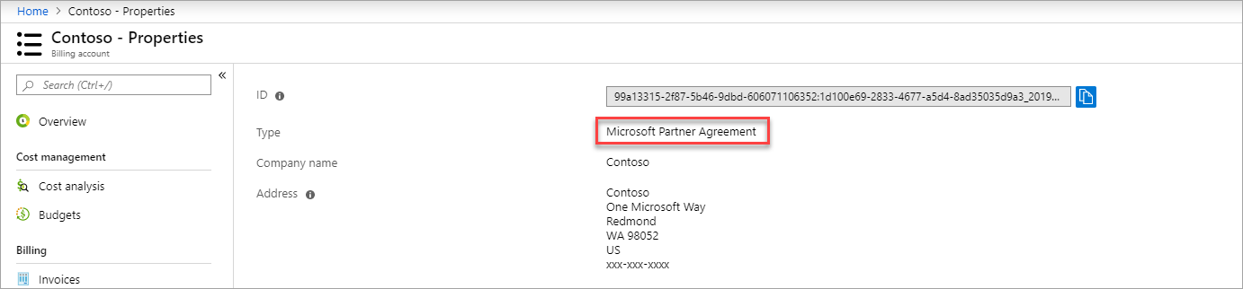 Captura de tela que mostra o Contrato de Parceiro da Microsoft na página de propriedades