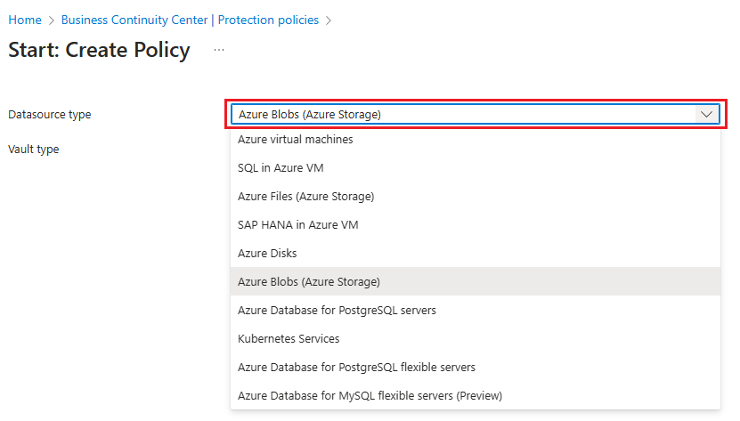 A captura de tela mostra como selecionar o tipo de fonte de dados para o backup de blob em cofre.