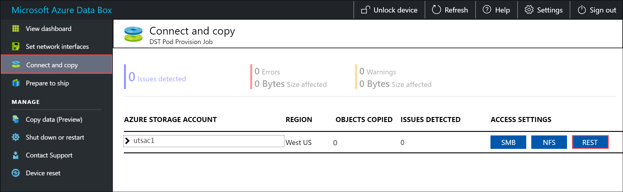 A captura de tela mostra o painel Conectar e copiar, no qual pode selecionar a REST como uma configuração de acesso.